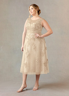 Azazie Flynn Mère de la mariée Robes Robe Trapèze en Tulle Col bateau dentelle Champagne image8