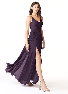 Azazie Evalin Bridesmaid Dresses Plum A-Line V-Neck Pleated Mesh Dress image3