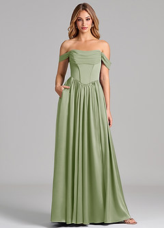 Azazie Raisa Bridesmaid Dresses Dusty Sage A-Line Off the Shoulder Stretch Satin Dress image1