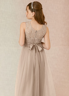 Azazie Georgette Junior Taupe A-Line Lace Tulle Dress image7