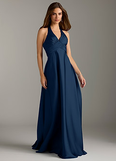Azazie Tessie Bridesmaid Dresses Dark Navy A-Line Pleated Stretch Satin Dress image1