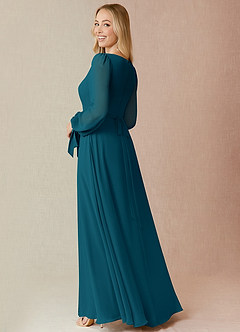 Azazie Leonia Robes de demoiselle d'honneur Robe Trapèze en Mousseline de soie Manche longue Bleu Encre image2