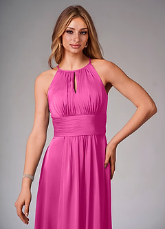 Azazie Bonnie Bridesmaid Dresses Fuchsia A-Line Pleated Stretch Satin Dress image5