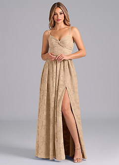 Azazie Zeya Bridesmaid Dresses Champagne A-Line Bow Floral Burnout Dress image3