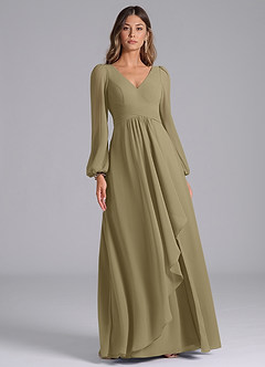 Azazie Liah 신부 들러리 드레스 A라인 긴팔 쉬폰 바닥 길이 드레스 image3