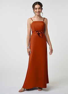 Azazie Anina Junior Vestido de Naranja Quemada de Satén Elástico de Corte en A con Lazo image1