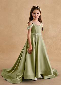 Azazie Jodi Robe Demoiselle D'honneur Fillette Robe Trapèze en Mat Satiné Vert Mousse image3