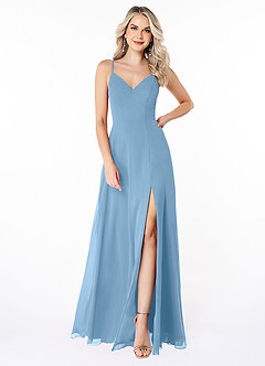 Azazie Lena Bridesmaid Dresses Steel Blue A-Line Lace Chiffon Dress image1