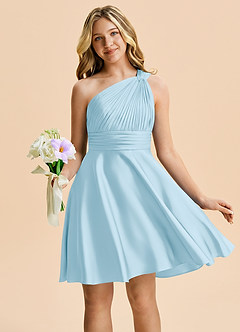 Azazie Charlize Junior Sky Blue A-Line Pleated Stretch Satin Dress image5