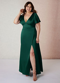 Azazie Lani Robes de demoiselle d'honneur Robe Trapèze en Satin extensible Manche à volants émeraude image7