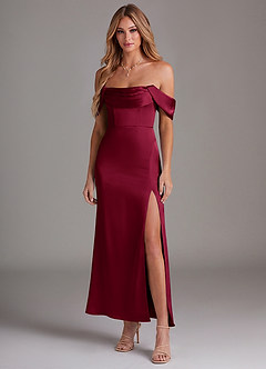 Azazie Saige Bridesmaid Dresses Burgundy Mermaid Off the Shoulder Stretch Satin Dress image3