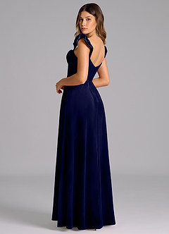 Azazie Denisse Vestidos de damas de honor Vestido de Azul Marino Oscuro de terciopelo de Corte en A con Volante image6