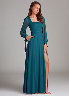 Azazie Leonia Bridesmaid Dresses Ink Blue A-Line Long Sleeve Mesh Dress image3