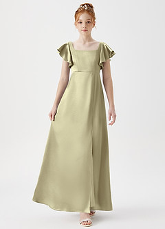 Azazie Bondi Junior Moss Green A-Line Side Slit Metallic Satin Dress image4
