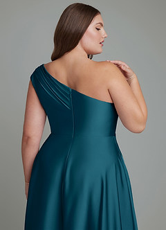 Azazie Melanie Bridesmaid Dresses Ink Blue A-Line Off the Shoulder Stretch Satin Dress image13