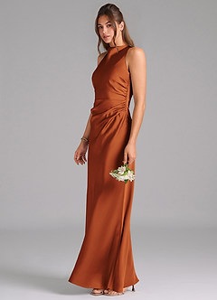 Azazie Evadne Bridesmaid Dresses Cinnamon Sheath Pleated Stretch Satin Dress image1