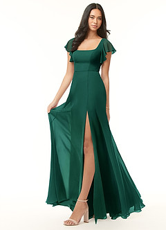 Azazie Bondi Bridesmaid Dresses Emerald A-Line Ruffled Chiffon Dress image4