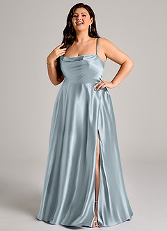 Azazie Elle Bridesmaid Dresses Dusty Blue A-Line with Pockets Metallic Satin Dress image9