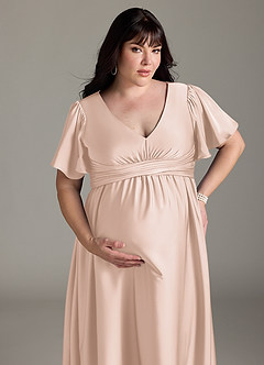 Azazie Verna Maternity Bridesmaid Dresses A-Line Ruched Stretch Satin Floor-Length Dress image15