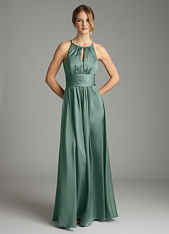 Azazie Bonnie Bridesmaid Dresses Eucalyptus A-Line Pleated Stretch Satin Dress image3