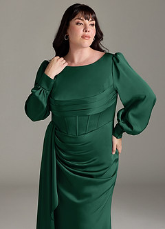 Azazie Raye Bridesmaid Dresses Dark Green Mermaid Long Sleeve Stretch Satin Dress image11