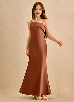 Azazie Almond Girls Formal Blumenmädchenkleider Etui One-Shoulder Stretch-Satin Kleid Kupfer image6