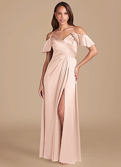 Azazie Dakota Final Sale Rose Gold A-Line Off the Shoulder Metallic Satin Dress image1