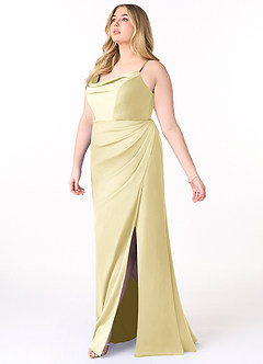 Azazie Marzia Bridesmaid Dresses Lemon Sorbet Mermaid Cowl Pleated Stretch Satin Dress image9