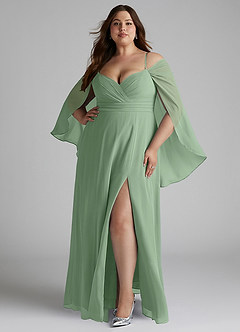 Azazie Cienna Robes de demoiselle d'honneur Robe Trapèze en Mousseline de soie Épaule décolletée Matcha image7