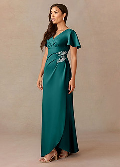 Azazie Robins Mother of the Bride Dresses Peacock A-Line Pleated Stretch Satin Dress image3