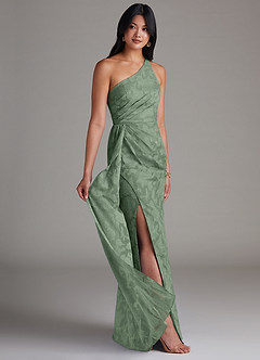 Azazie Mika Robes de demoiselle d'honneur Robe Fourreau en Blumen-Burnout Ue épaule Matcha image2