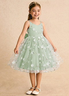 Azazie Junebug Flower Girl Dresses Dusty Sage Ball-Gown Spaghetti Strap Tulle Dress image5