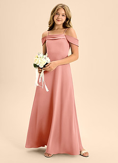 Azazie Anselie Junior Coral A-Line Off the Shoulder Stretch Satin Dress image1