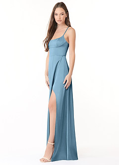 Azazie Halsey Bridesmaid Dresses Steel Blue Sheath Side Slit Stretch Satin Dress image4