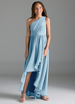 Azazie Mathilda Junior Robe Trapèze en Mousseline de soie Plissée Bleu Ciel image4