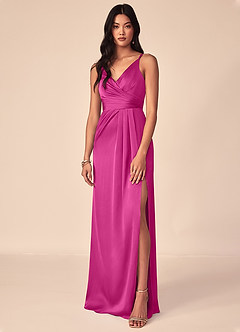 Azazie Aqua Brautjungfernkleider A-Linie V-Hals Gefaltet Stretch-Satin Kleid Fuchsia image4