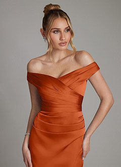 Azazie Teyana Bridesmaid Dresses Burnt Orange Sheath Off the Shoulder Stretch Satin Dress image2