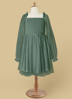 Azazie Aya Flower Girl Dresses Eucalyptus A-Line with Sleeves Tulle Dress image6