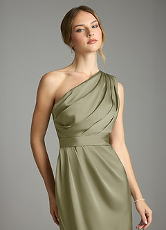 Azazie Emorie At-home Try On Dresses Dusty Blue Sheath One Shoulder Stretch Satin Dress image2