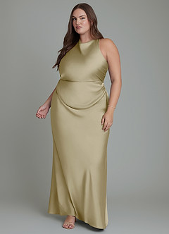 Azazie Evadne Bridesmaid Dresses Moss Green Sheath Pleated Stretch Satin Dress image12