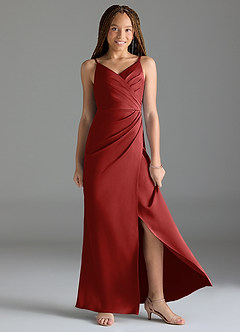 Azazie Maci Junior Pomegranate Mermaid Pleated Stretch Satin Dress image3