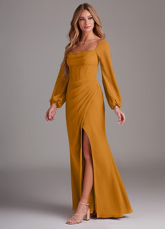 Azazie Charissa Bridesmaid Dresses Butterscotch Sheath Long Sleeve Chiffon Dress image4