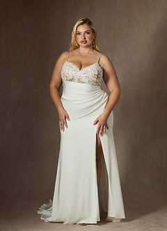 Azazie Nyx Robes de mariée Robe Sirène en Satin extensible Col V à paillettes Diamant Nude image8