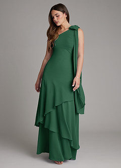 Azazie Monique Vestidos de damas de honor Vestido Verde Oscuro de Gasa de Línea A con Un hombro image6
