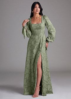 Azazie Leonia Bridesmaid Dresses Pistachio A-Line Long Sleeve Floral Burnout Dress image4