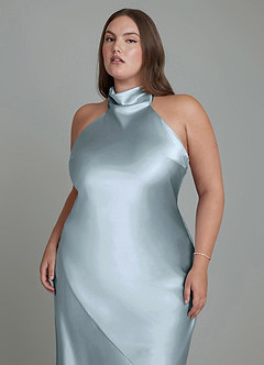 Azazie Velli Abiti da Damigella Abito Tubino in Raso Metallizzato Collo alto Blu Polveroso image3