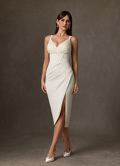 Azazie Zoie Wedding Dresses Cream Sheath Pleated Crepe Back Satin Dress image1