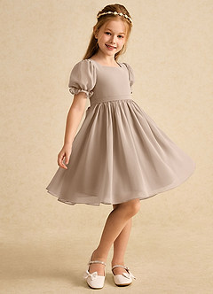 Azazie Jolie Flower Girl Dresses Taupe A-Line with Sleeves Chiffon Dress image1