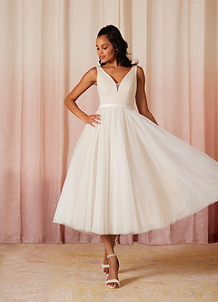 Azazie Windsor Wedding Dresses A-Line Bow Tulle Tea-Length Dress image3