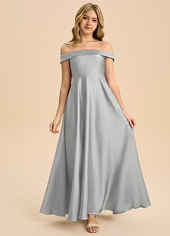 Azazie Sissy Junior Silver A-Line Off the Shoulder Stretch Satin Dress image4